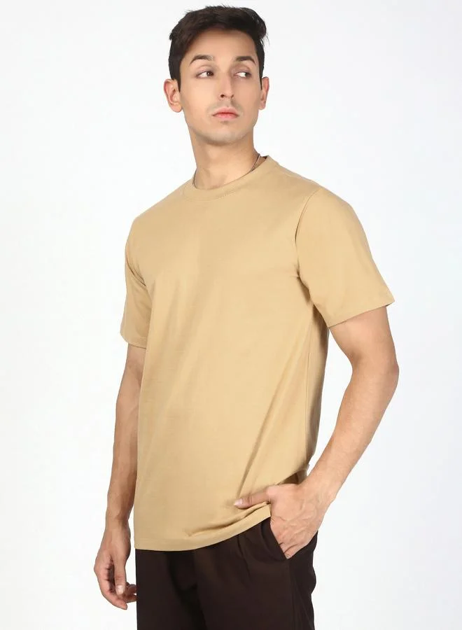 Take Two Men Beige Solid Regular Fit T-Shirt