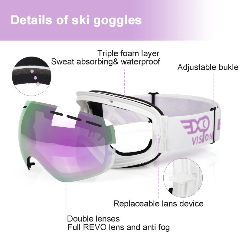 EXP VISION Snowboard Ski Goggles Men Women Youth, Anti Fog OTG Winter Snow Goggles Spherical Detachable Lens (Cherry) - Image 4