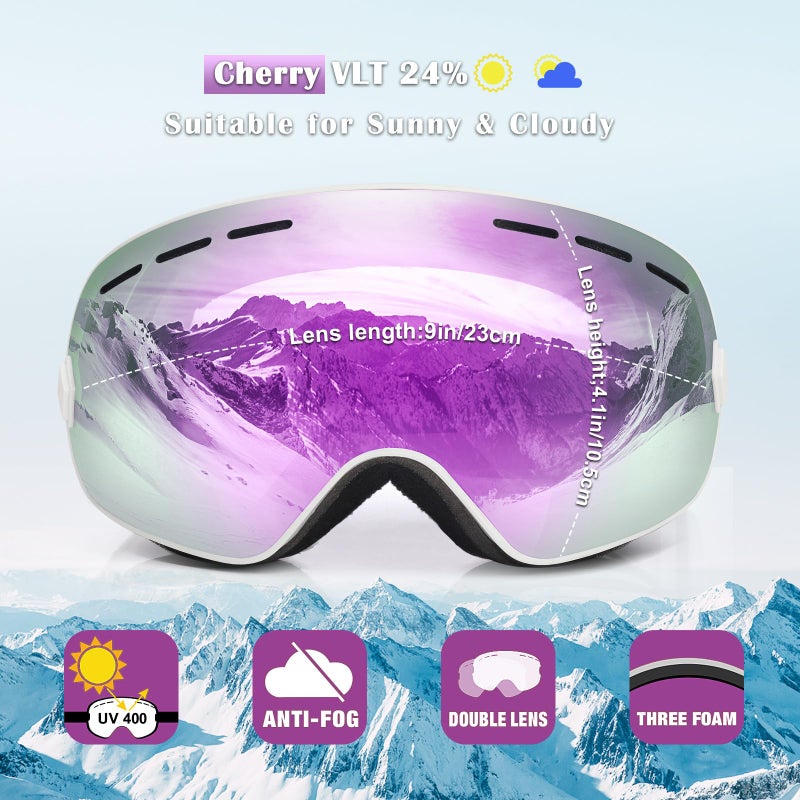 EXP VISION Snowboard Ski Goggles Men Women Youth, Anti Fog OTG Winter Snow Goggles Spherical Detachable Lens (Cherry) - Image 2