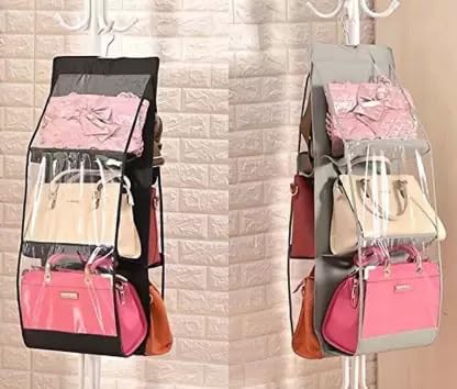 Coolkart Polyvinyl Chloride 2Pcs Combo 6 Pocket Foldable Hanging Purse Handbag Organizer For Storage Ladies Women Large Clear Hand Bag Storage Organizer (Black/Grey) - Image 2
