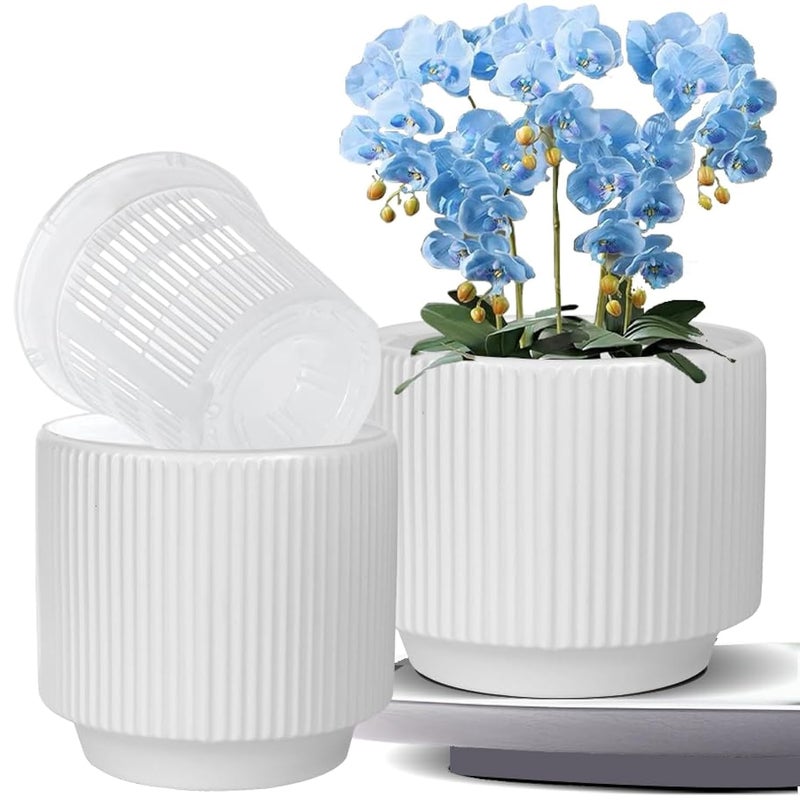 MUZHI Ceramic Orchid Pot with Holes and Drainage Tray Set of 2, 5+6 Inch, Double Layer Orchid Planter with Clear Plastic Inner Net Baskets Pots for Repotting - Image 1