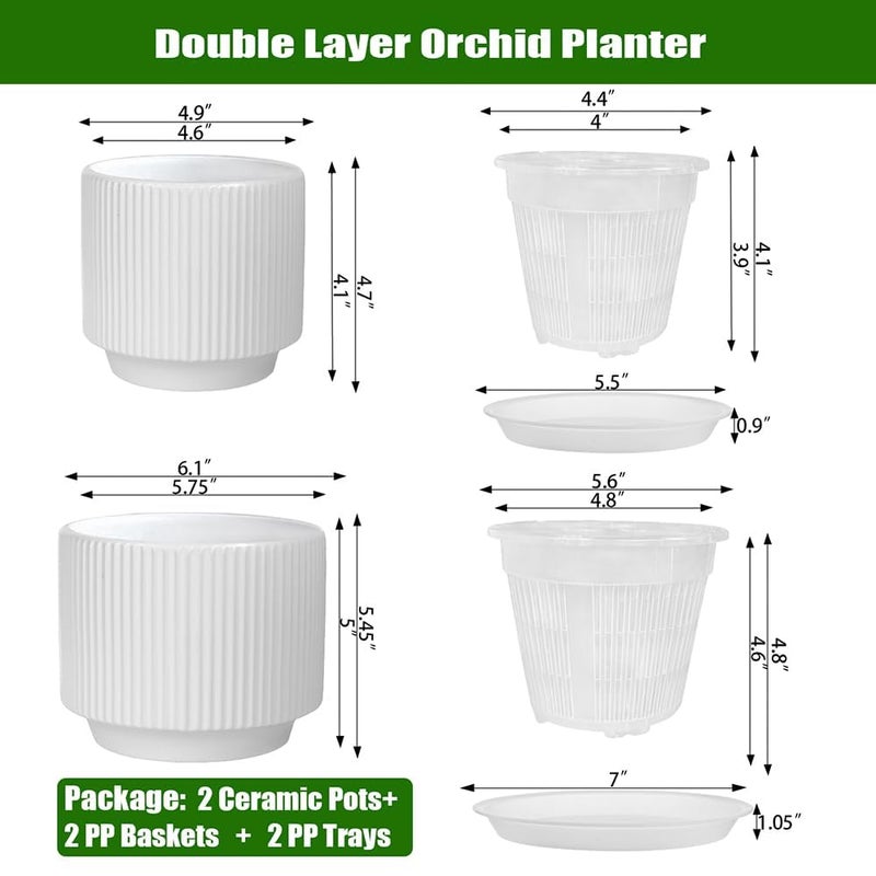 MUZHI Ceramic Orchid Pot with Holes and Drainage Tray Set of 2, 5+6 Inch, Double Layer Orchid Planter with Clear Plastic Inner Net Baskets Pots for Repotting - Image 3