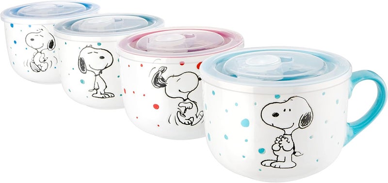 Peanuts Freckled Joy 23oz Stoneware Soup Bowls wClear Lid 4Pack Assorted Colors - Image 1