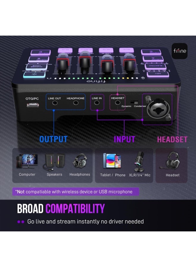 FIFINE Gaming Audio Mixer, Streaming RGB PC Mixer with XLR Microphone Interface, Individual Control, Volume Fader, Mute Button, 48V Phantom Power, for Podcast/Recording/Vocal/Game Voice-AmpliGame SC3 - Image 4