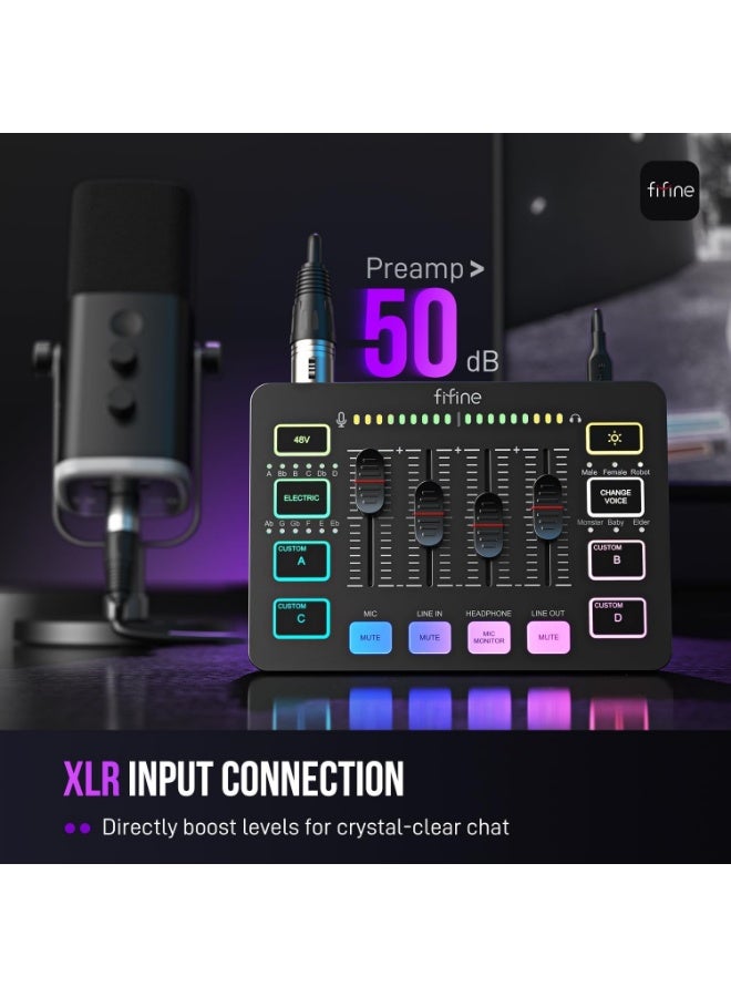 FIFINE Gaming Audio Mixer, Streaming RGB PC Mixer with XLR Microphone Interface, Individual Control, Volume Fader, Mute Button, 48V Phantom Power, for Podcast/Recording/Vocal/Game Voice-AmpliGame SC3 - Image 2