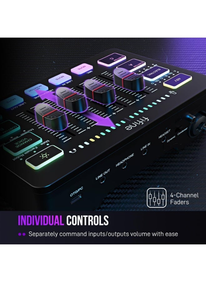 FIFINE Gaming Audio Mixer, Streaming RGB PC Mixer with XLR Microphone Interface, Individual Control, Volume Fader, Mute Button, 48V Phantom Power, for Podcast/Recording/Vocal/Game Voice-AmpliGame SC3 - Image 3