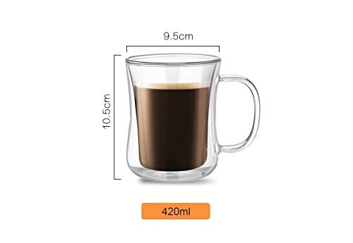 we3 Double Wall Thermal Insulated Mug for Drinking Tea, Coffee, Espresso, Juice, Wine, Latte, Cappuccino Stackable Glass Cup with Handle (420 ml Each) - Image 2