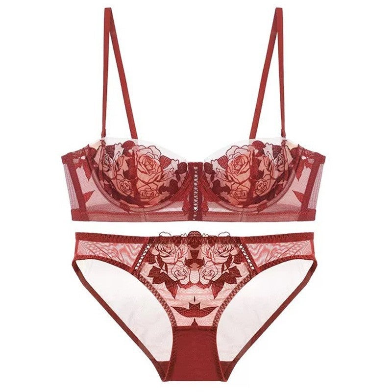 Women's French Lace Minimizer Bra Set with Rose Embroidery, Rabbit Ear Cups and Soft Underwire - Image 5