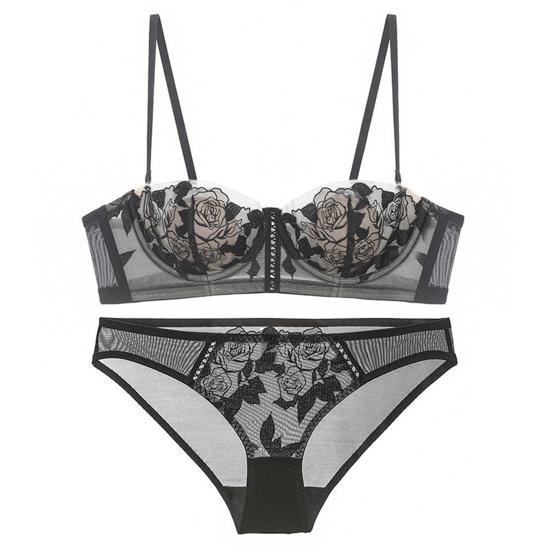 Women's French Lace Minimizer Bra Set with Rose Embroidery, Rabbit Ear Cups and Soft Underwire - Image 1