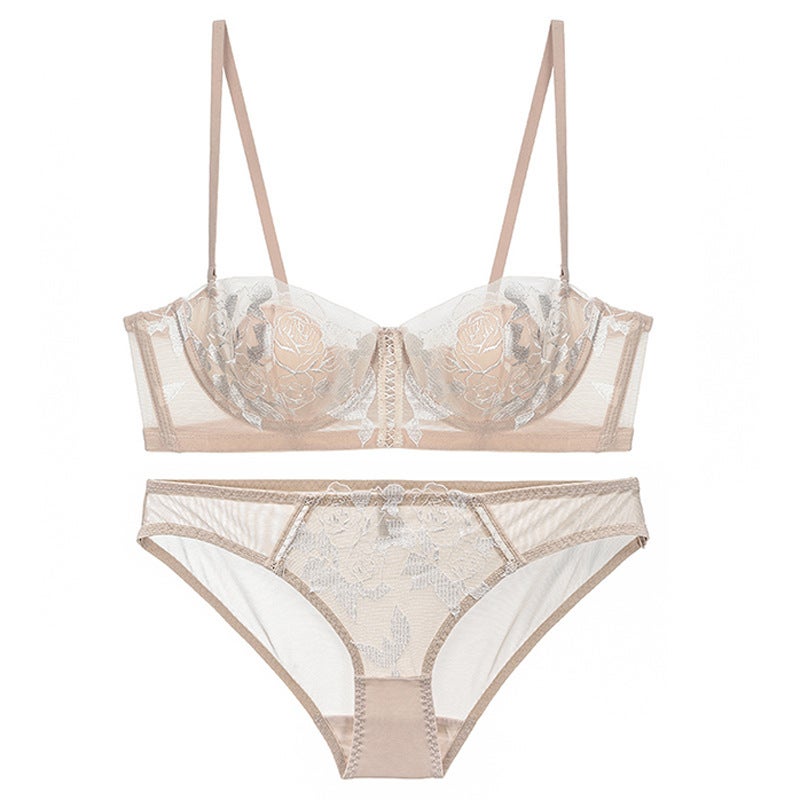 Women's French Lace Minimizer Bra Set with Rose Embroidery, Rabbit Ear Cups and Soft Underwire - Image 2