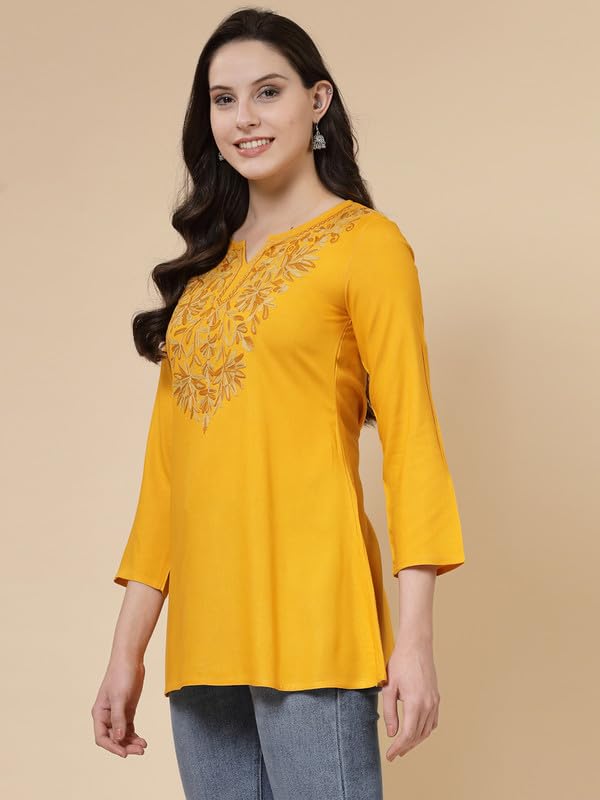 QAZMI Women's Fiza Kashmiri A-Line Mustard Short Kurti_XS - Image 2