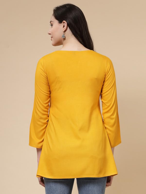 QAZMI Women's Fiza Kashmiri A-Line Mustard Short Kurti_XS - Image 4