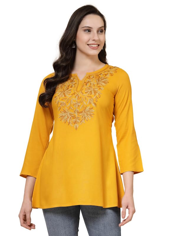 QAZMI Women's Fiza Kashmiri A-Line Mustard Short Kurti_XS - Image 1
