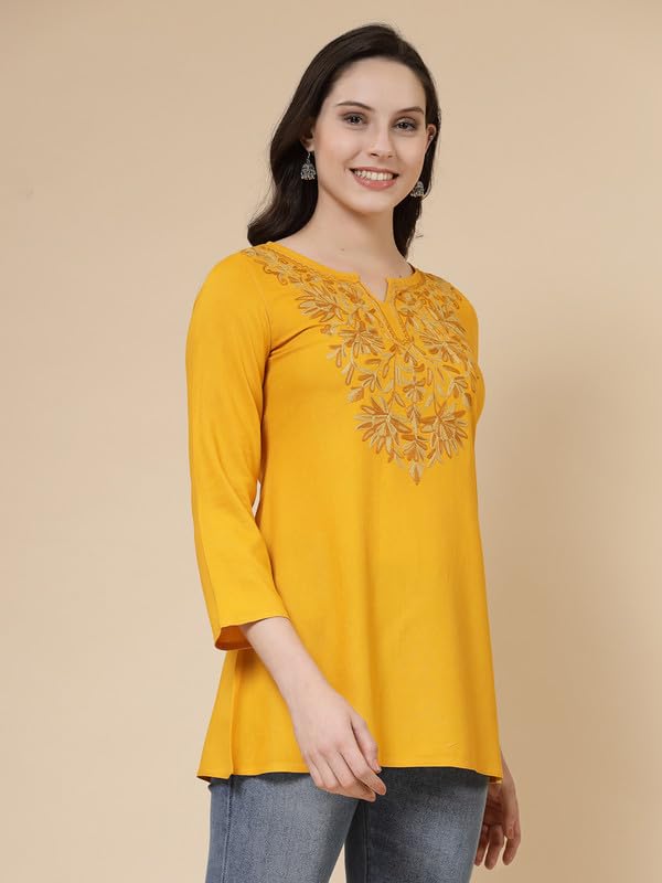 QAZMI Women's Fiza Kashmiri A-Line Mustard Short Kurti_XS - Image 3