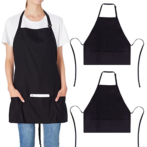 Jubatus 2 Pack 3 Pockets 100% Cotton Adjustable Bib Apron Chef Kitchen Cooking Aprons for Women Men, Black - Image 1
