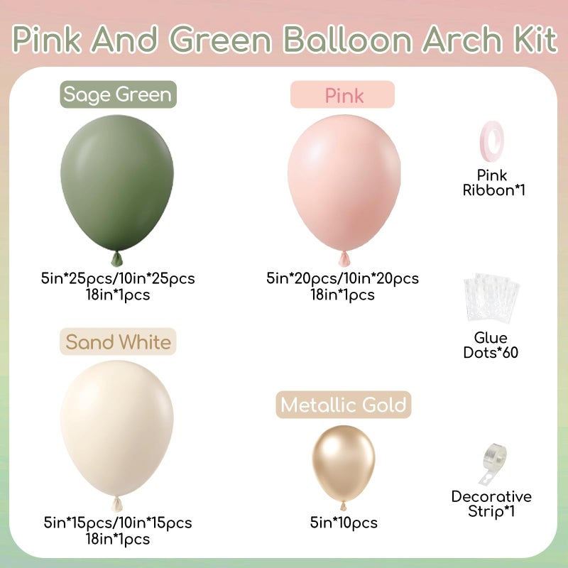 Leraqertra 136pcs Pink and Green Balloon Arch Kit with Metallic Gold Sand White Sage Green and Pink Balloons for Boho Baby in Bloom Baby Bridal Shower Gender Reveal Birthday Party Decorations - Image 3