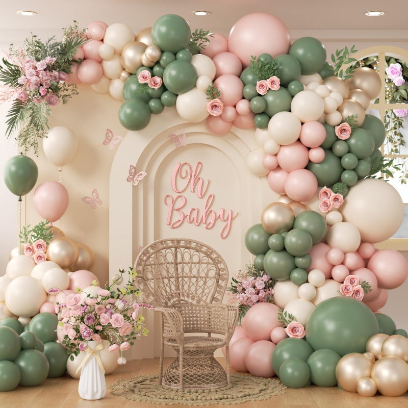 Leraqertra 136pcs Pink and Green Balloon Arch Kit with Metallic Gold Sand White Sage Green and Pink Balloons for Boho Baby in Bloom Baby Bridal Shower Gender Reveal Birthday Party Decorations - Image 1