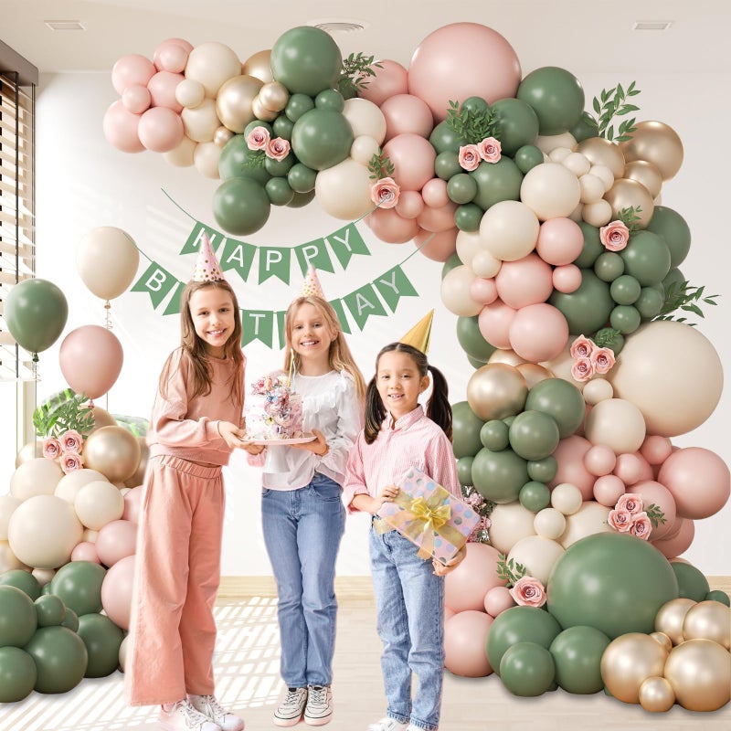 Leraqertra 136pcs Pink and Green Balloon Arch Kit with Metallic Gold Sand White Sage Green and Pink Balloons for Boho Baby in Bloom Baby Bridal Shower Gender Reveal Birthday Party Decorations - Image 5