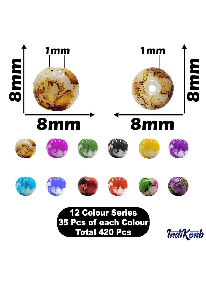 INDIKONB - INDIKONB 420 Marble Glass Pearl Beads - 8mm Multicolour Round Beads for Jewelry Making (8mm, Multicolour - Sorted) - Image 1