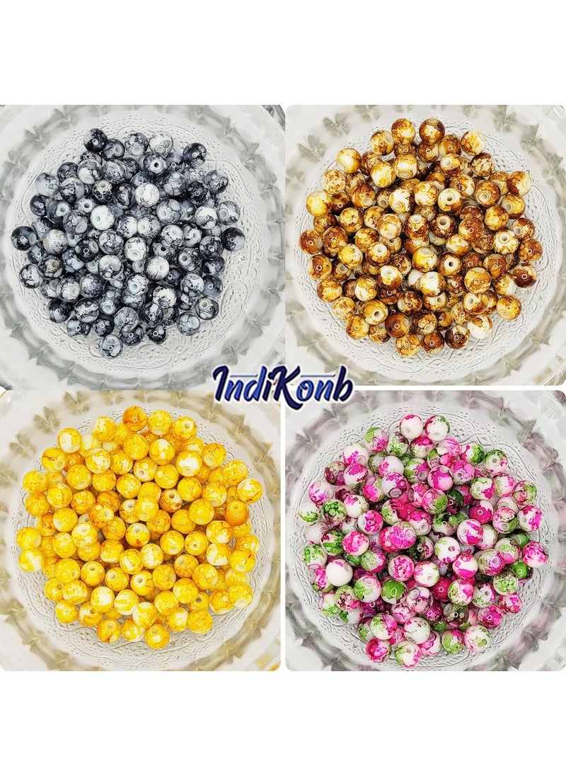 INDIKONB - INDIKONB 420 Marble Glass Pearl Beads - 8mm Multicolour Round Beads for Jewelry Making (8mm, Multicolour - Sorted) - Image 1