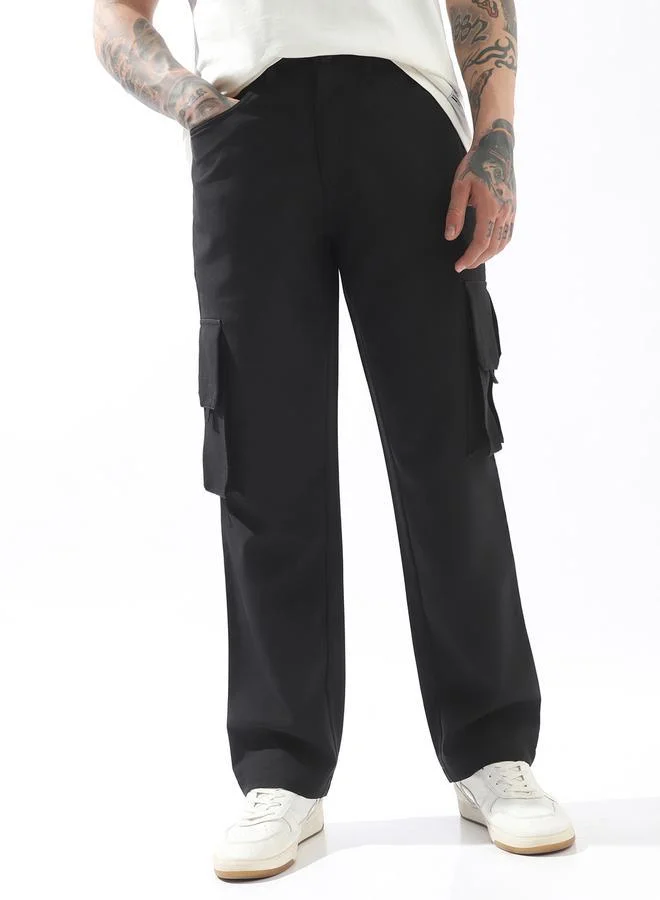 هوبرهولمي بنطلون أسود رجالي بخصر متوسط بأزرار وجيوب كارغو