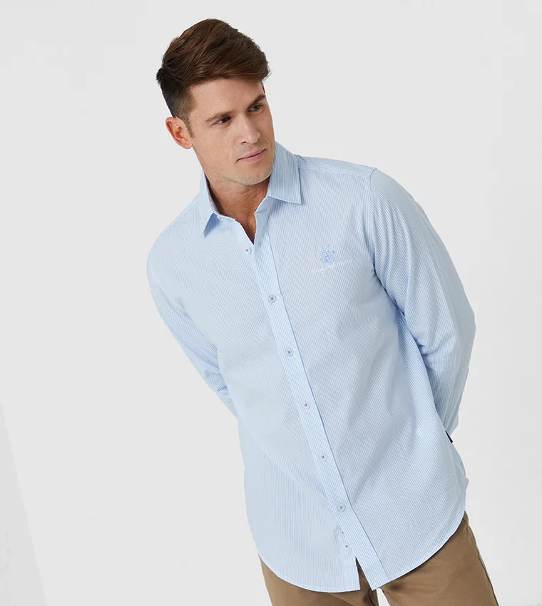 BEVERLY HILLS POLO CLUB Long Sleeve Classic Collar Classic Pin Stripe Poplin Shirt