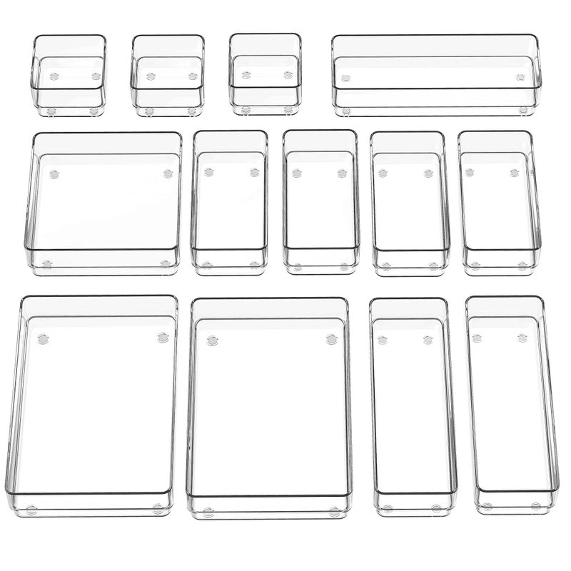 SMARTAKE 13Piece Drawer Organizer with NonSlip Silicone Pads 5Size Desk Drawer Organizer Trays Storage Tray for Makeup Jewelries Utensils in Bedroom Dresser Office and Kitchen Clear