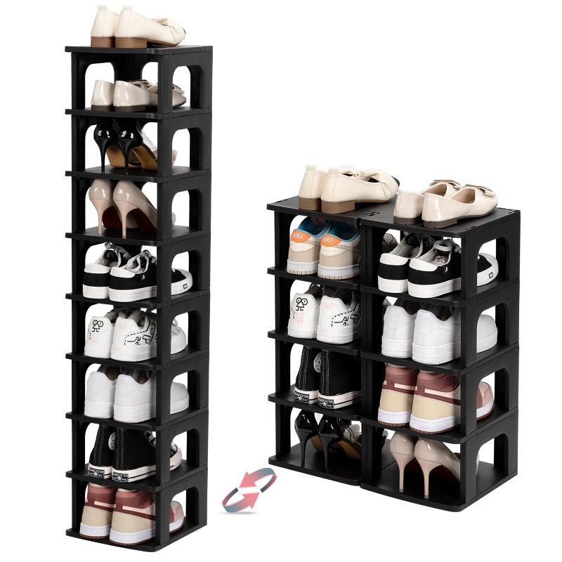 TRZZ 10Tier Small Shoe Rack Vertical Narrow Stackable Organizer with Removable Partition Efficient Shoe Storage for Closet Entryway and Small Spaces Black