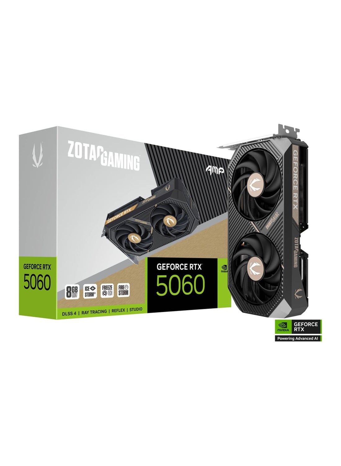 GAMING GeForce RTX 5060 AMP Graphics Card, 8GB GDDR7, 128-bit, 3840 CUDA Cores, 28 Gbps Memory Speed, 2550 MHz Boost Clock, PCIe 5.0 x8, IceStorm 2.0 Cooling with Blade Fan, DLSS 4, Ray Tracing, 3x DisplayPort 2.1b + 1x HDMI 2.1b, 155W TDP, 8-Pin Power Connector, Compact Dual-Fan Design, VR Ready, Black | ZT-B50600F-10M