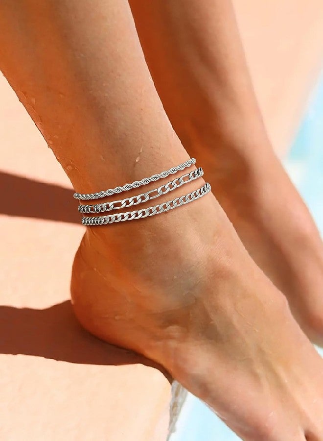 U7 3Pcs Ankle Bracelets for Women Stainless Steel Cuban Link/Figaro/Rope Chain Anklet Sets Waterproof Women Anklets - Image 2