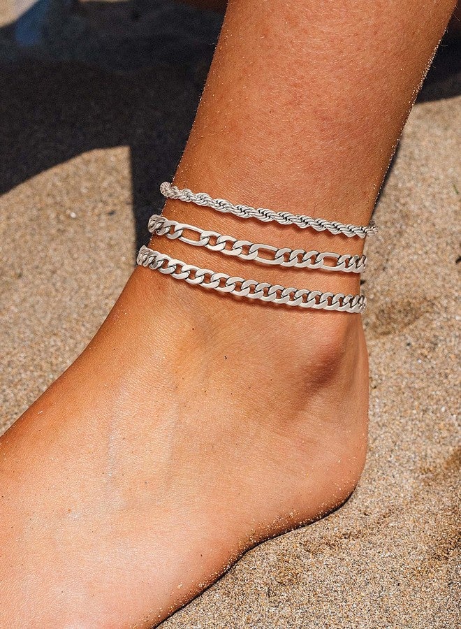 U7 3Pcs Ankle Bracelets for Women Stainless Steel Cuban Link/Figaro/Rope Chain Anklet Sets Waterproof Women Anklets - Image 3