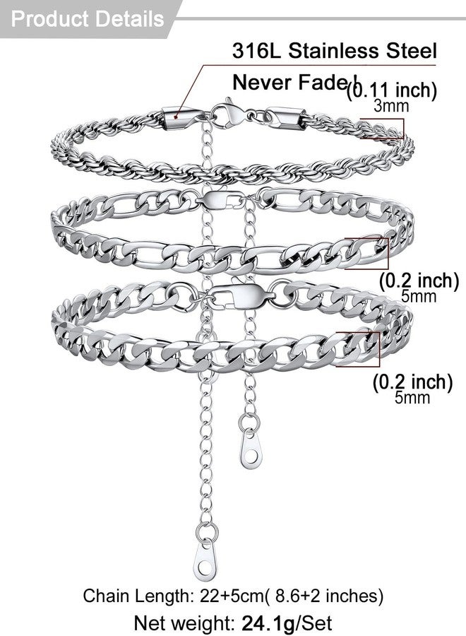 U7 3Pcs Ankle Bracelets for Women Stainless Steel Cuban Link/Figaro/Rope Chain Anklet Sets Waterproof Women Anklets - Image 4
