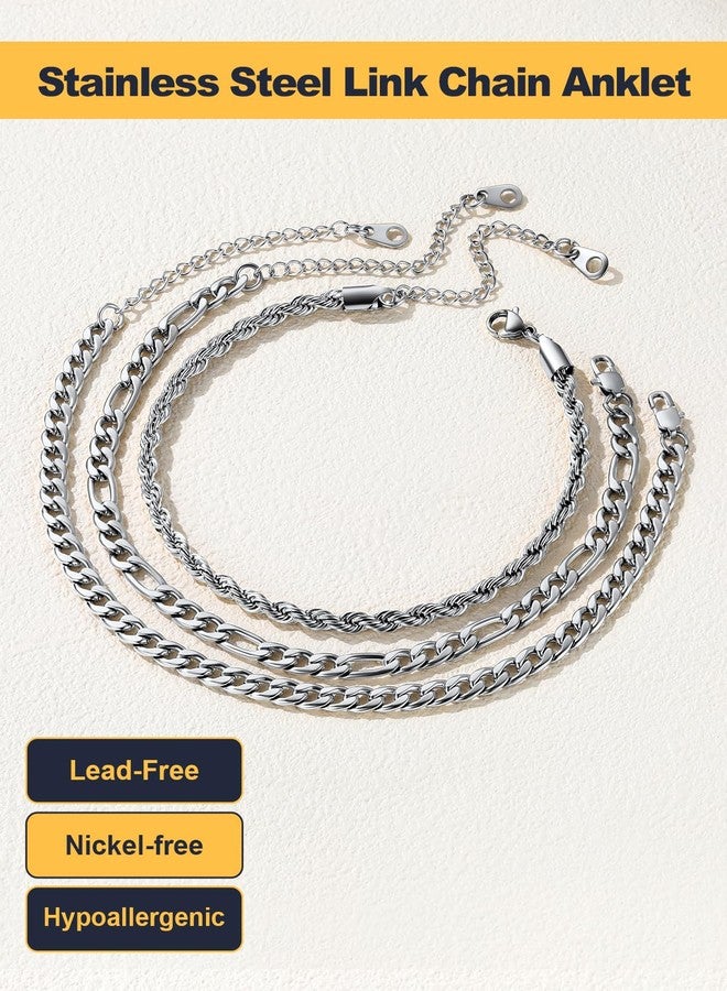 U7 3Pcs Ankle Bracelets for Women Stainless Steel Cuban Link/Figaro/Rope Chain Anklet Sets Waterproof Women Anklets - Image 5