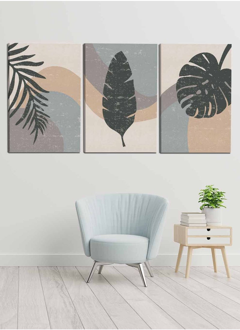 LOWHA Set of 3 Framed Canvas Wall Arts Stretched Over Wooden Frame, Abstract Tropical Leaves Paintings, For Home, Living Room, Office Decor  - Image 3