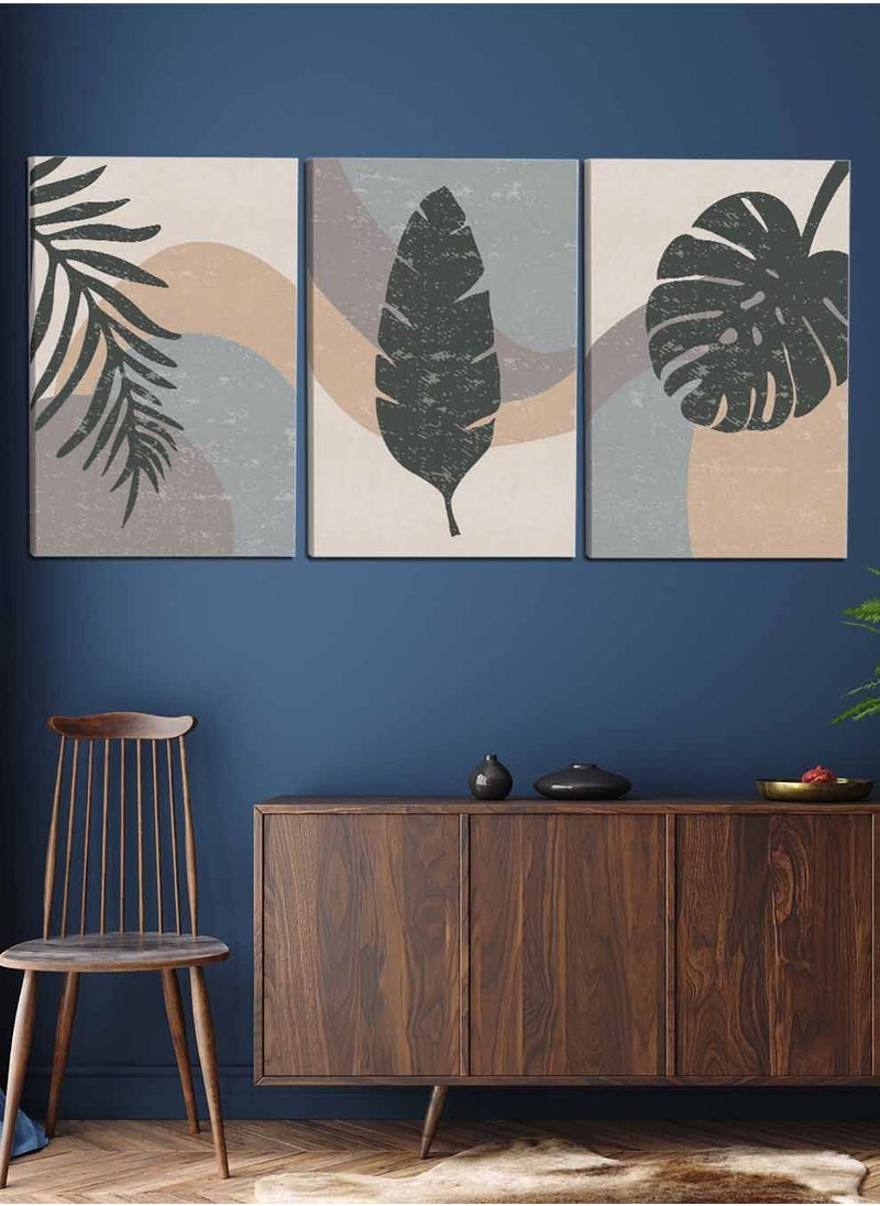 LOWHA Set of 3 Framed Canvas Wall Arts Stretched Over Wooden Frame, Abstract Tropical Leaves Paintings, For Home, Living Room, Office Decor  - Image 2