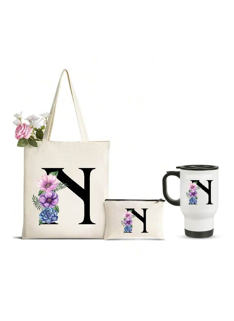 PRINTSHOP4ME Initial Letters Canvas Cotton Tote Bag, Cosmetic Pouch, and Stainless Steel Travel Mug - A Stylish Pack of 3 Combo Set for Girls - Gift for wedding - Gifts for girls - Gift for friends  - Image 1