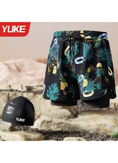Swimming Trunks Men's 2024 Swimming Trunks Professional Double-layer Quick-drying Anti-embarrassment Swimsuit Beach Pants Swimming Set Equipment-Color:Black And Blue (swimming Trunks + Silicone Cap)-