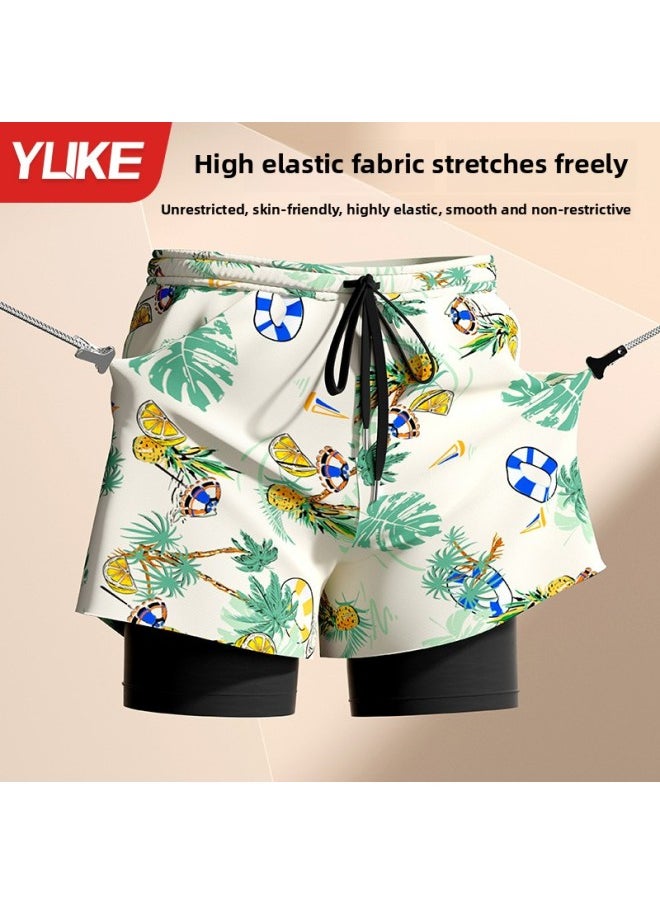 Generic - Swimming Trunks Men's 2024 Swimming Trunks Professional Double-layer Quick-drying Anti-embarrassment Swimsuit Beach Pants Swimming Set Equipment-Color:Black And Blue (swimming Trunks + Silicone Cap)- - Image 1