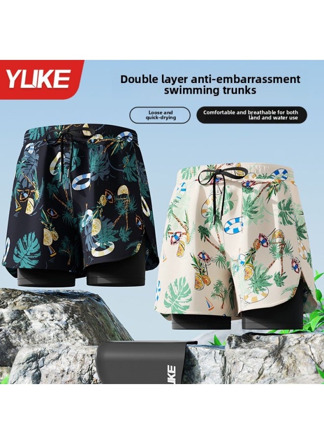 Generic - Swimming Trunks Men's 2024 Swimming Trunks Professional Double-layer Quick-drying Anti-embarrassment Swimsuit Beach Pants Swimming Set Equipment-Color:Black And Blue (swimming Trunks + Silicone Cap)- - Image 1
