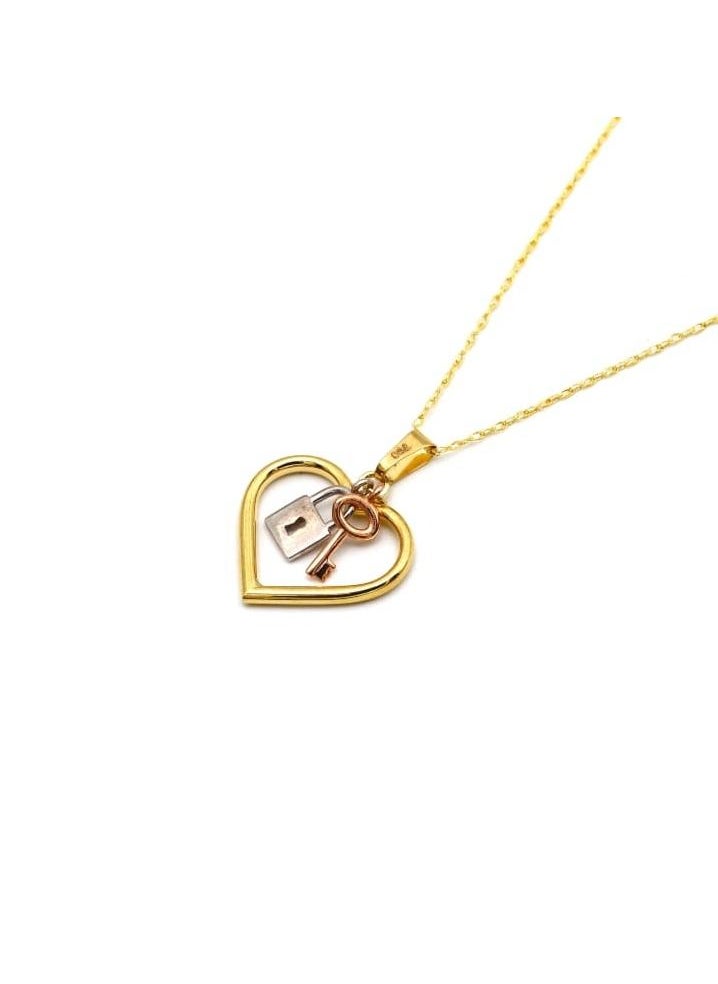 Gold Zone - Real Gold 3 Color Heart Key Lock Necklace - Image 1