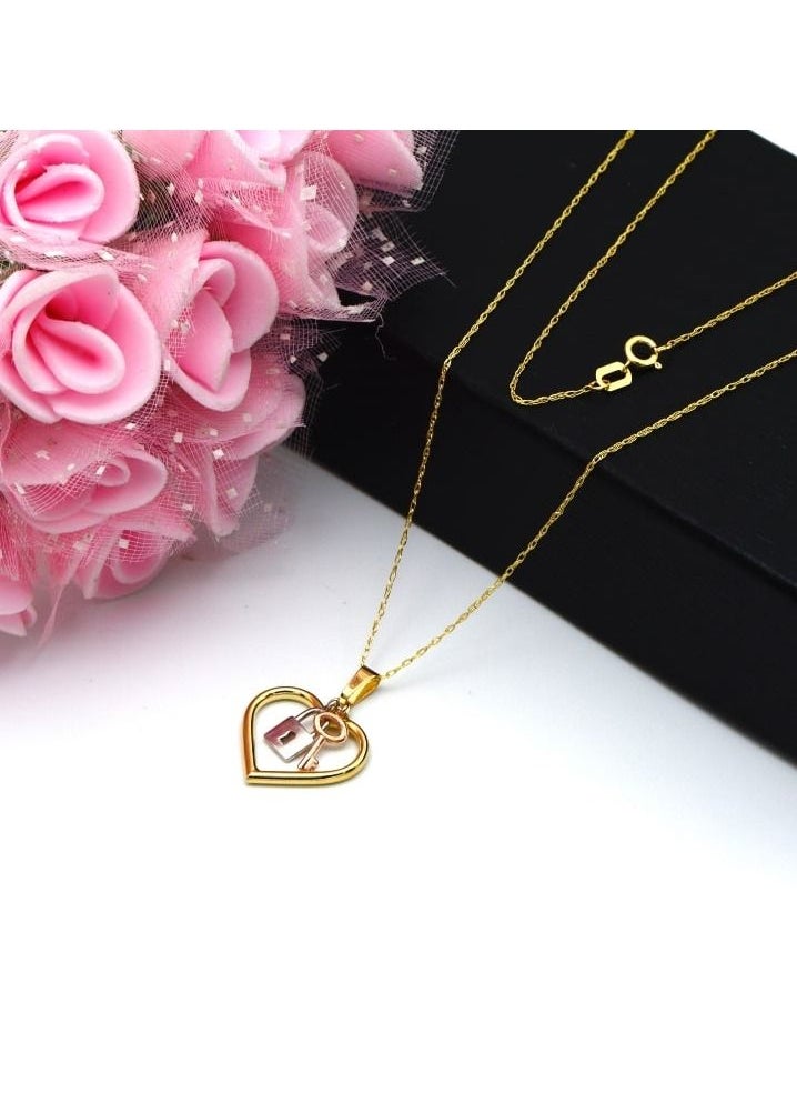 Gold Zone - Real Gold 3 Color Heart Key Lock Necklace - Image 1