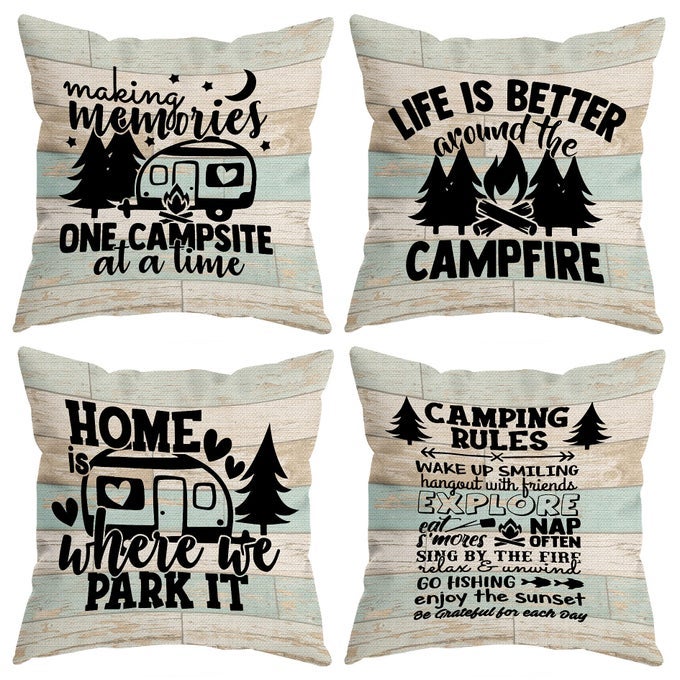 CAMPER CAMPING RULES DECORATIVE THROW PILLOW COVERS CAMPING CAMPER GIFTS FOR MEN WOMEN CAMPER VINTAGE WOOD PILLOW CASES 18 X 18 INCH HOME RV BED SOFA DECOR SET OF 4