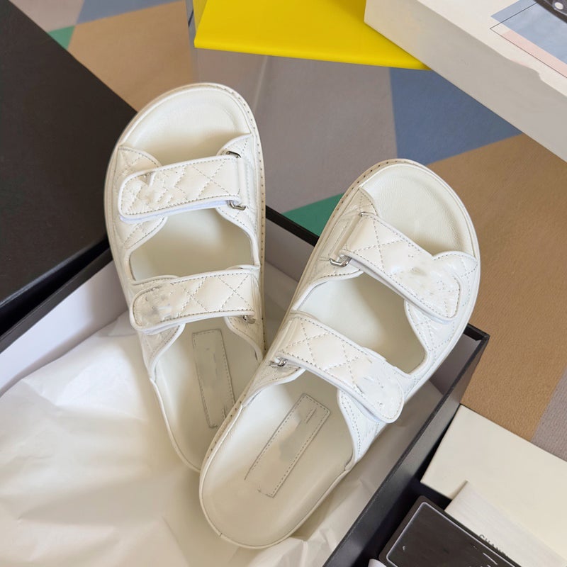 New Leather Magic Strap Womens Slippers White Gold Label 