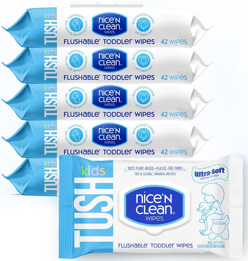 Nice 'N CLEAN Flushable Toddler Wipes 42ct (6-Pack) | 100% Plant-Based, Unscented Wet Wipes for Sensitive Skin | Potty Training Essentials | Flushable Baby Wipes for All Ages - Image 1