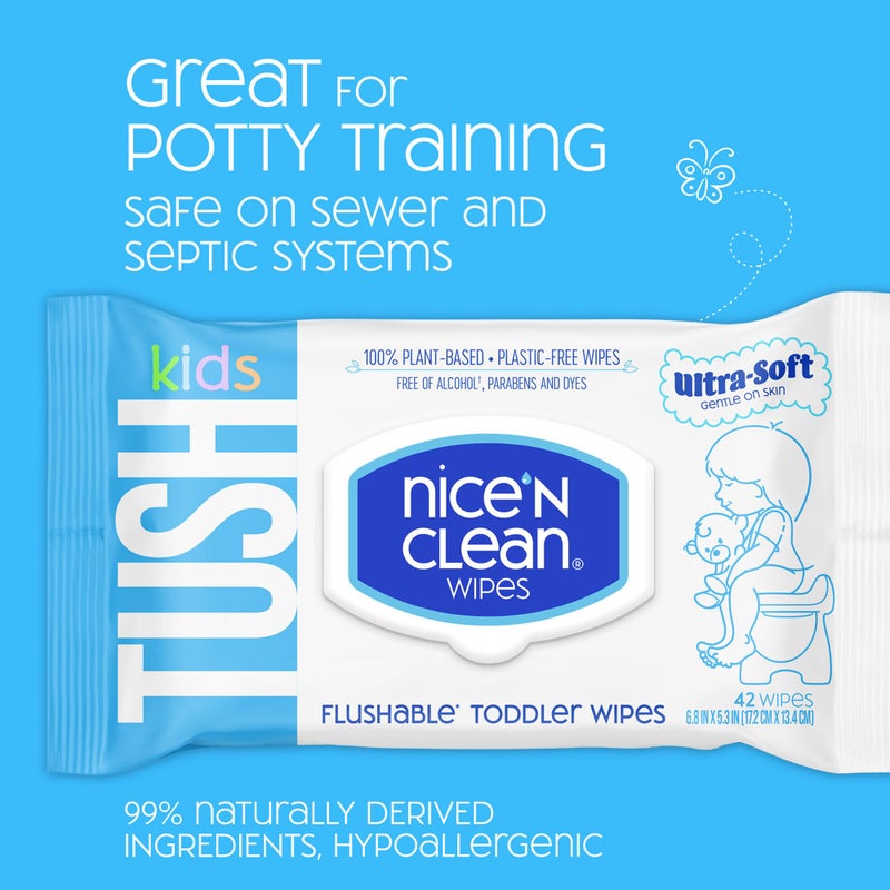 Nice 'N CLEAN Flushable Toddler Wipes 42ct (6-Pack) | 100% Plant-Based, Unscented Wet Wipes for Sensitive Skin | Potty Training Essentials | Flushable Baby Wipes for All Ages - Image 2