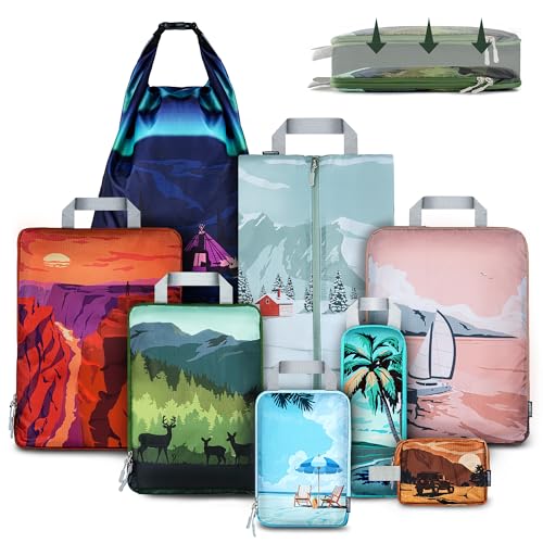 Oriday Set of 8 compression packing cubes for travel accessories- Expandable bags for clothing, toiletry, backpacks, organizing essentials (Holiday) - Image 1