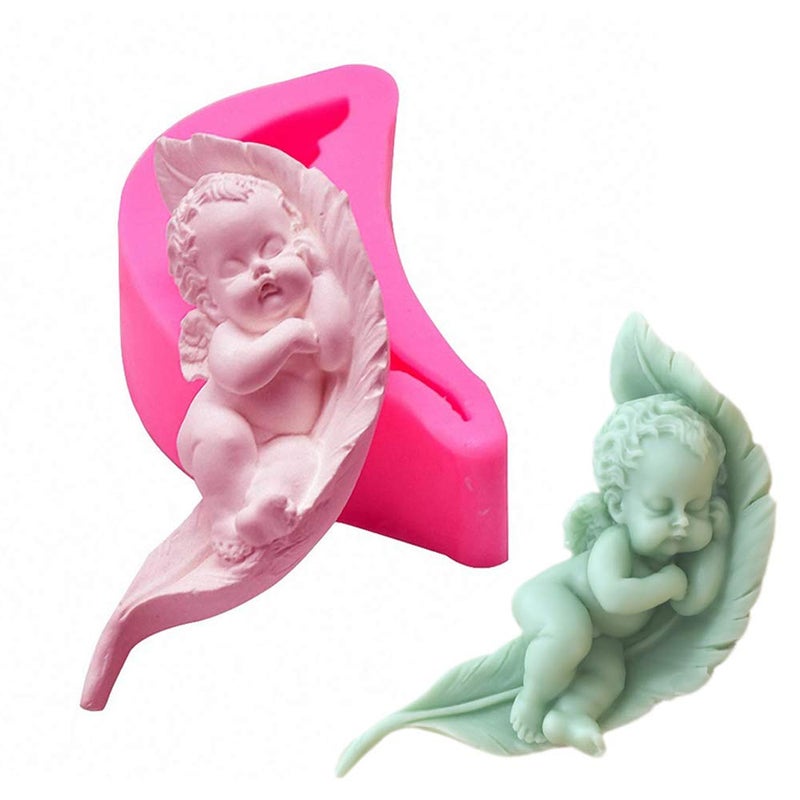 HiParty Cute Sleeping Angel Baby on a Leaf Silicone Fondant Mold Angel with Wings Baby Shower Birthday Party Cake Decoration Chocolate Candy Mold Soap Wax Melt Clay Mold
