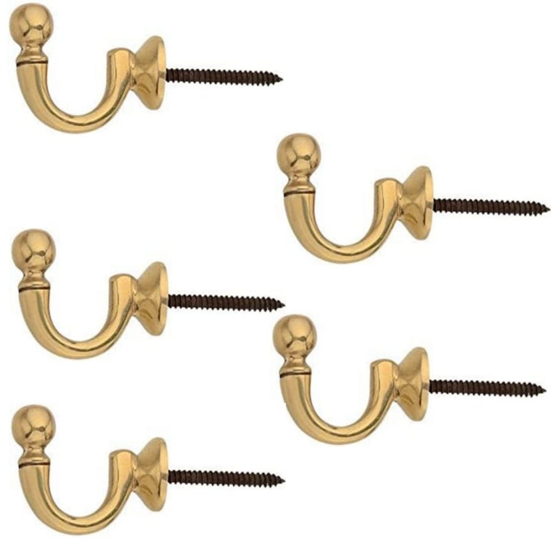Coral Metal Crafts Brass Wall Hooks for Cloth Hanger Hanging Diya Hooks for Wall Door Hanging Swings Single Khunti Hook Pack of 5 250grams - Image 1