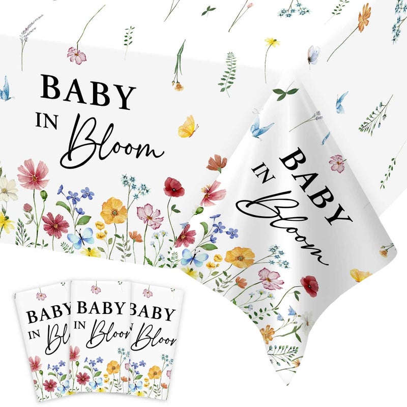Heboland 3 Pack Baby in Bloom Baby Shower Tablecloth Decorations, Wildflower Floral Large Size 54 x 108 Inch Rectangular Plastic Tablecloth Party Decor - Image 1