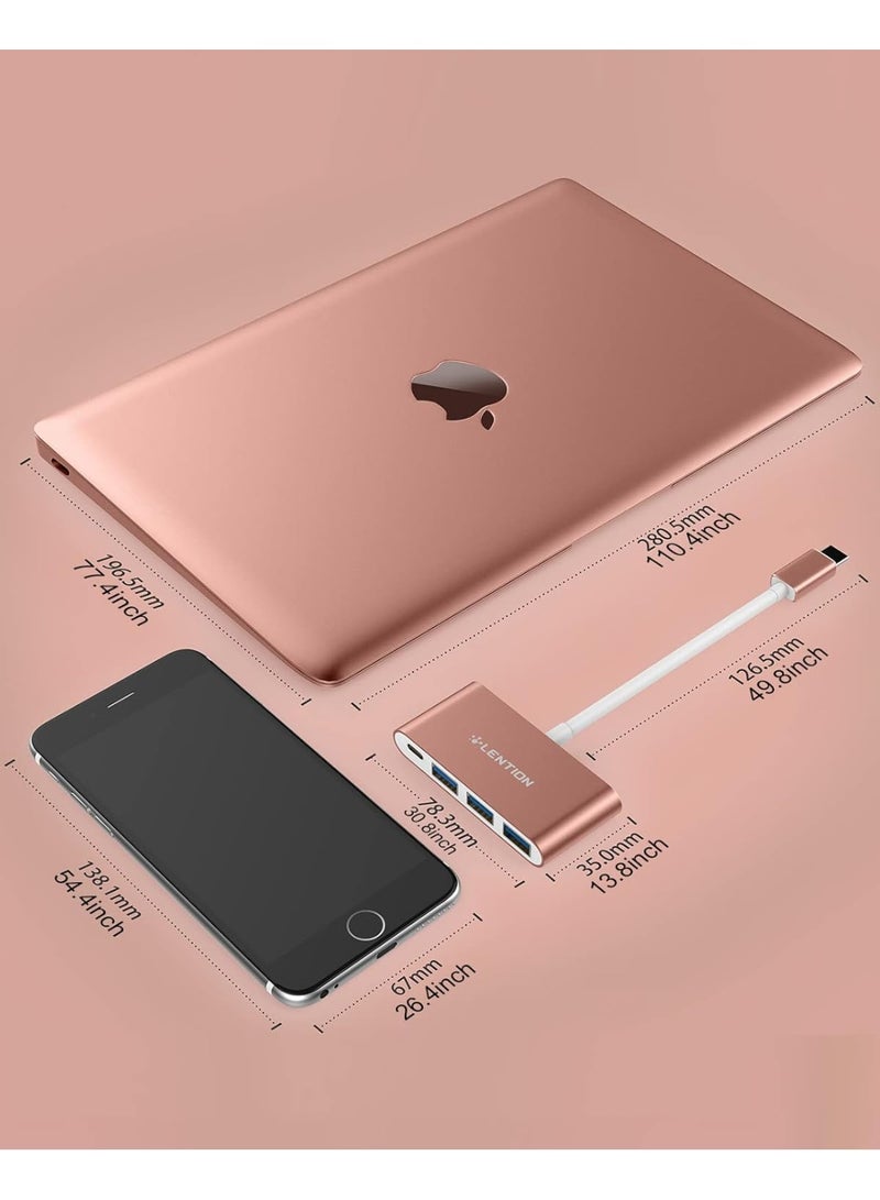 Lention LENTION 4-in-1 USB-C Hub with 3 USB 3.0 and Type C Power Delivery Compatible 2023-2016 MacBook Pro 13/14/15/16, New Mac Air/Surface, ChromeBook, More, Multiport Charging Adapter (CB-C13se, Rose Gold)  - Image 5